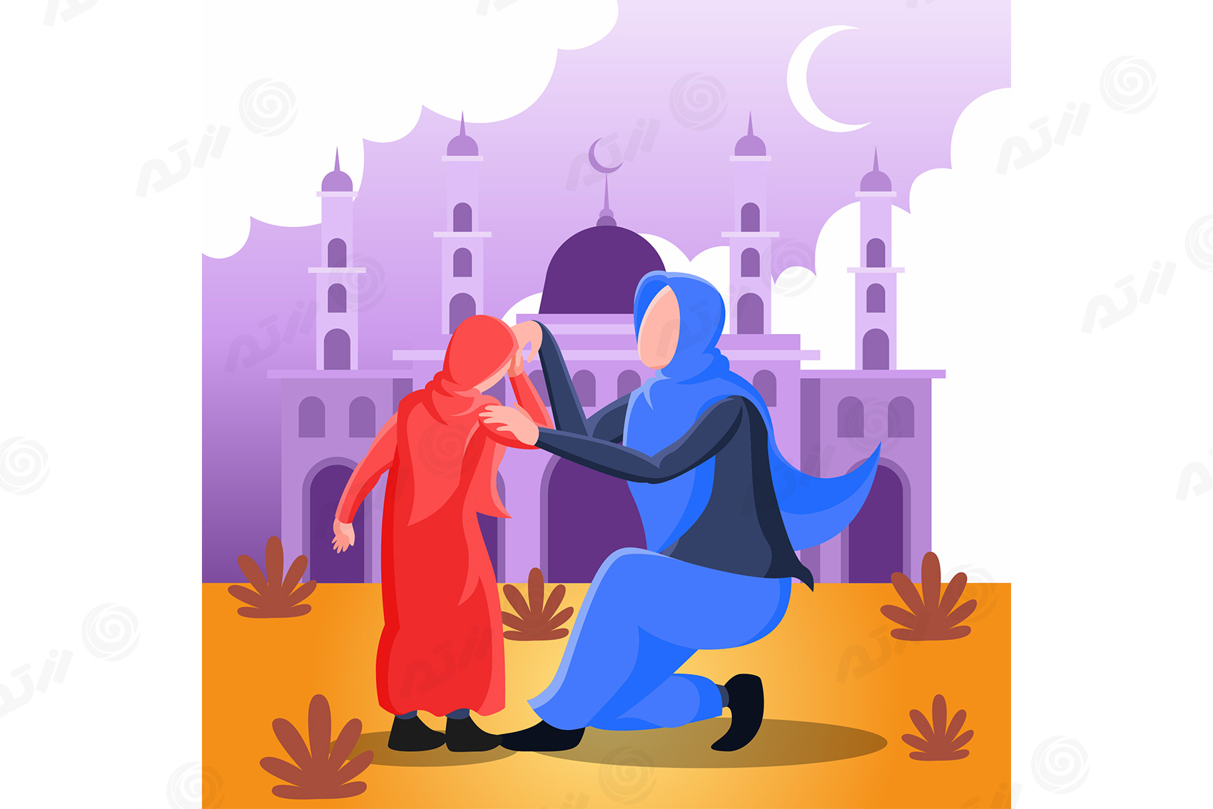 وکتور EPS مادر و دختر با حجاب با زمینه اسلامی ویژه روز مادر لایه باز